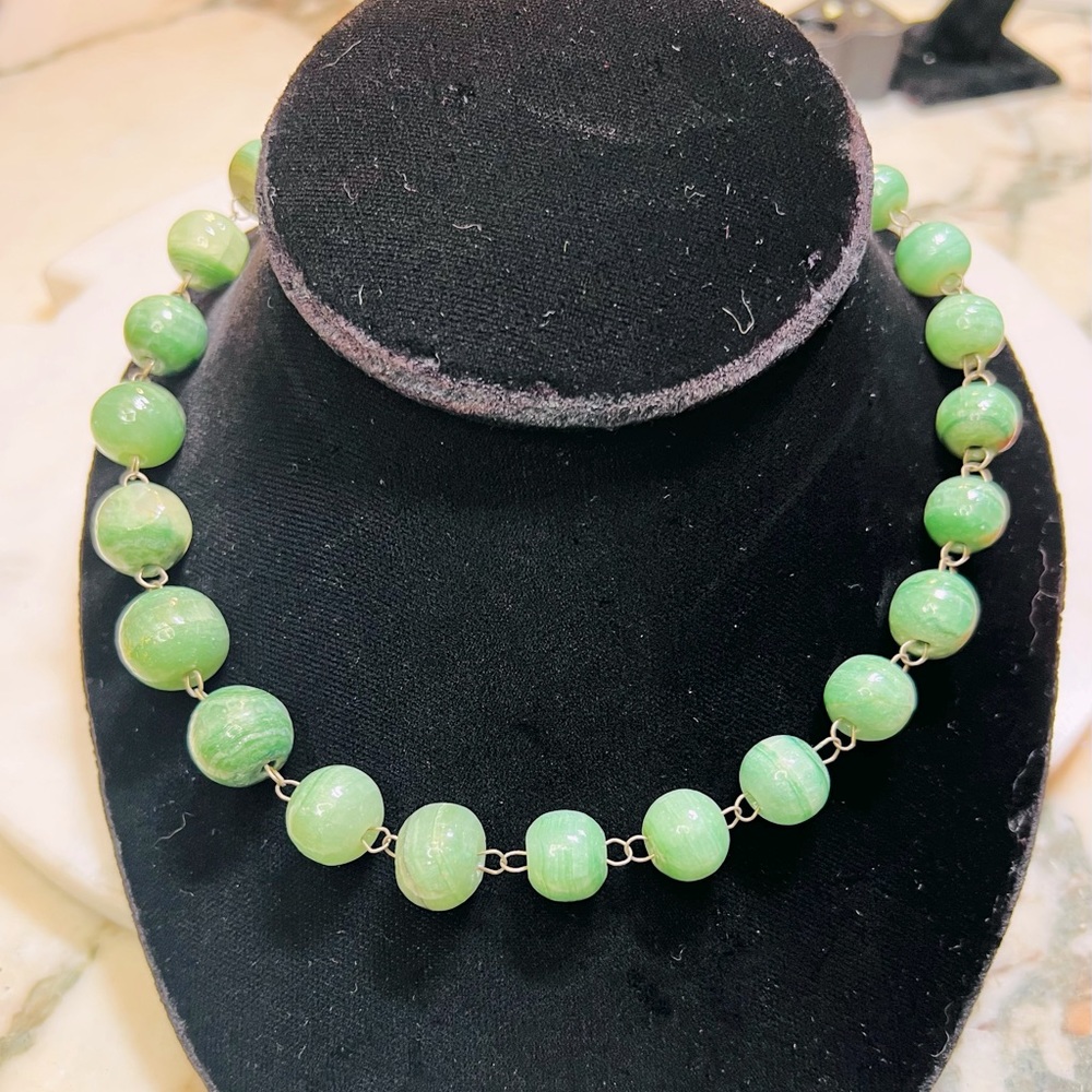 Antique Green Jade Round Bead Handmade Silver Metal Link Necklace - 15”